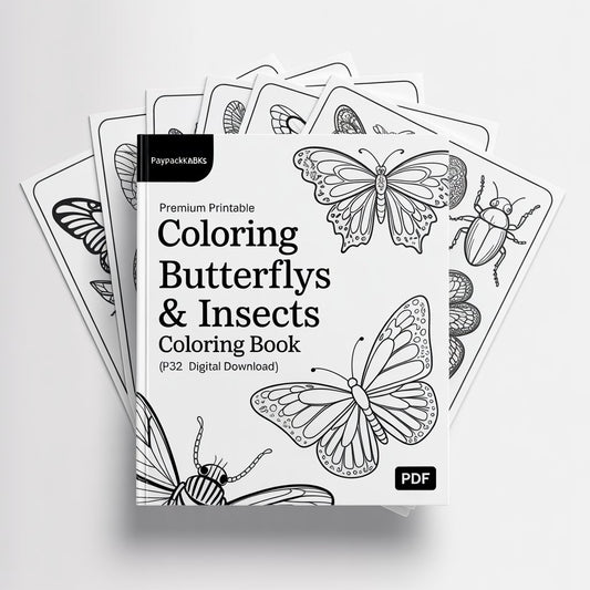 PayPackaBks Premium Printable Coloring Butterflies & Insects Coloring Book – 32 Design (PDF Digital Download)
