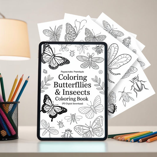 PayPackaBks Premium Printable Coloring Butterflies & Insects Coloring Book – 32 Design (PDF Digital Download)