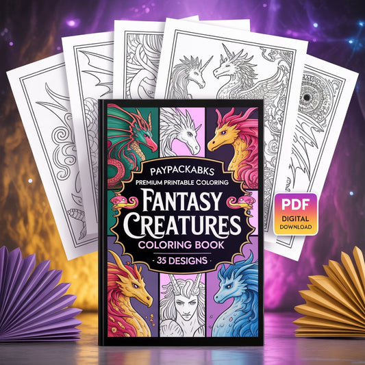 PayPackaBks Premium Printable Coloring Fantasy Creatures Coloring Book – 35 Designs (PDF Digital Download)