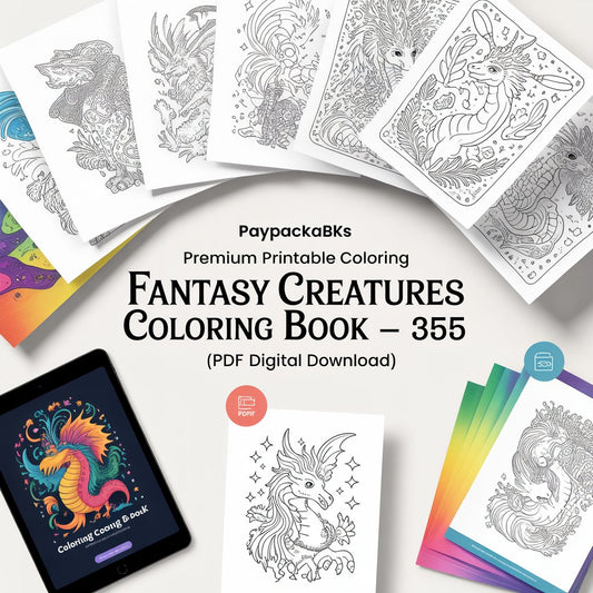 PayPackaBks Premium Printable Coloring Fantasy Creatures Coloring Book – 35 Designs (PDF Digital Download)