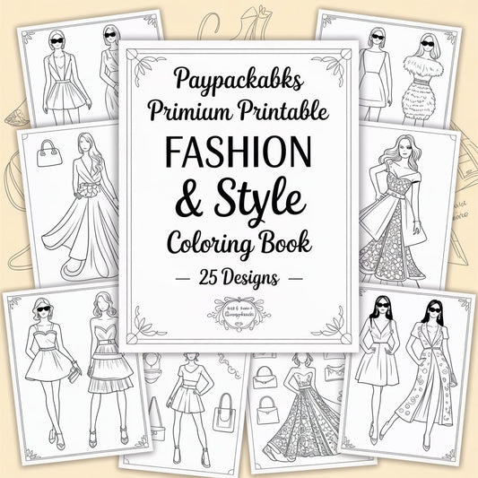 PayPackaBks Premium Printable Coloring Fashion & Style Coloring Book – 25 Designs (PDF Digital Download)