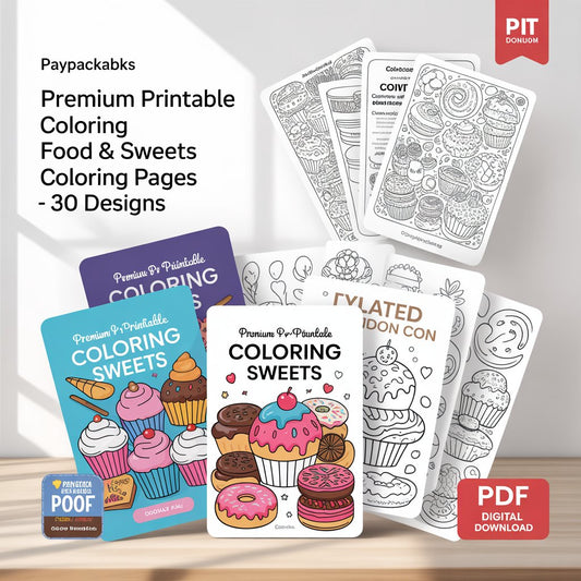PayPackaBks Premium Printable Coloring Food & Sweets Coloring Pages – 30 Designs (PDF Digital Download)