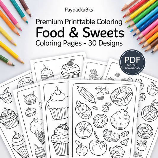 PayPackaBks Premium Printable Coloring Food & Sweets Coloring Pages – 30 Designs (PDF Digital Download)