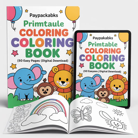 PayPackaBks Premium Printable Coloring Kids Fun Coloring Book – 50 Easy Pages (PDF Digital Download)