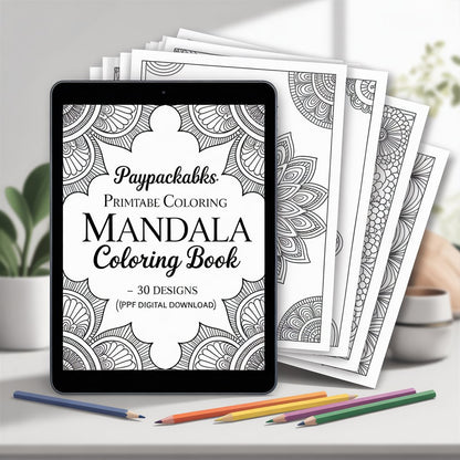PayPackaBks Premium Printable Coloring Mandala Coloring Book – 30 Designs (PDF Digital Download)