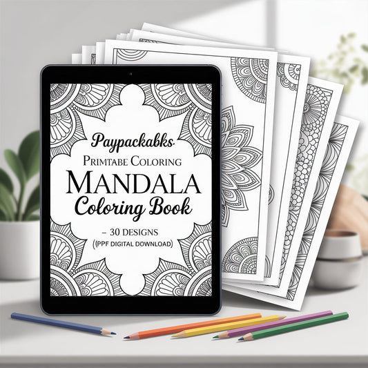 PayPackaBks Premium Printable Coloring Mandala Coloring Book – 30 Designs (PDF Digital Download)