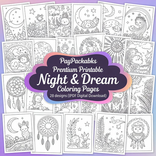 PayPackaBks Premium Printable Coloring Night & Dream Coloring Pages – 28 Designs (PDF Digital Download)