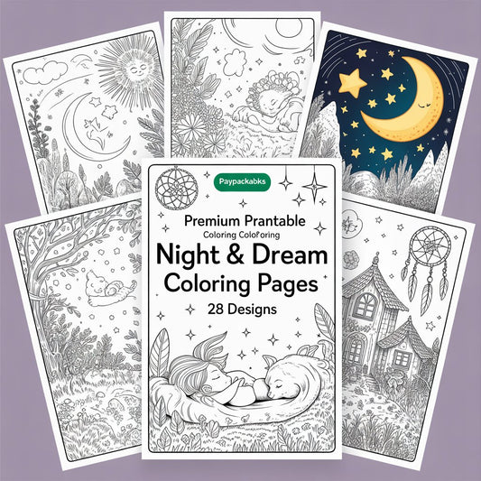 PayPackaBks Premium Printable Coloring Night & Dream Coloring Pages – 28 Designs (PDF Digital Download)