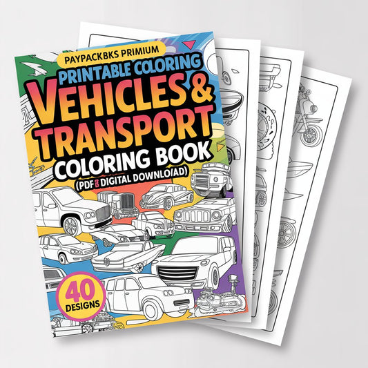 PayPackaBks Premium Printable Coloring Vehicles & Transport Coloring Book – 40 Designs (PDF Digital Download)