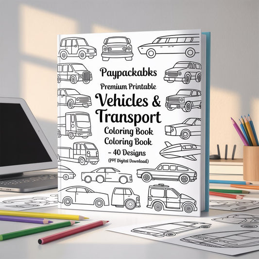 PayPackaBks Premium Printable Coloring Vehicles & Transport Coloring Book – 40 Designs (PDF Digital Download)